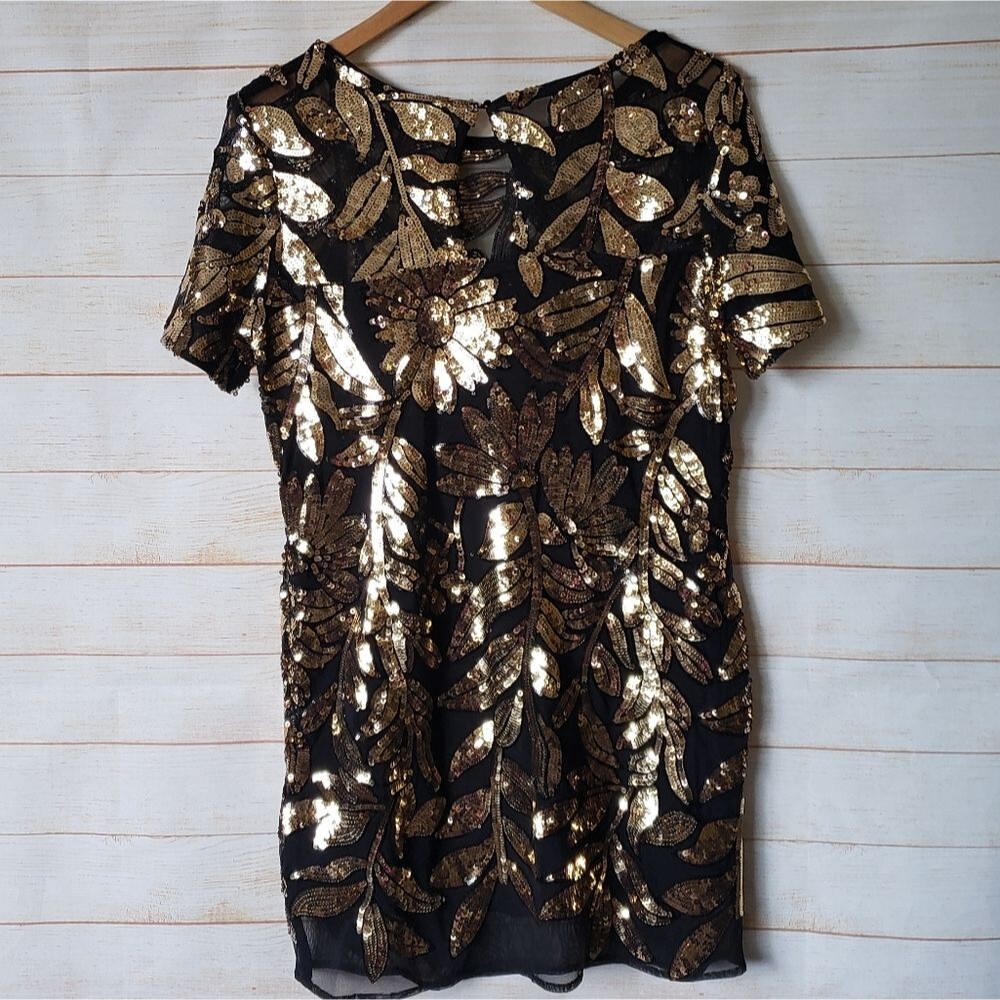 Maeve Anthropologie Short Sleeve Sheer Embellished Mini Dress Black Gold Size SP - Picture 11 of 15